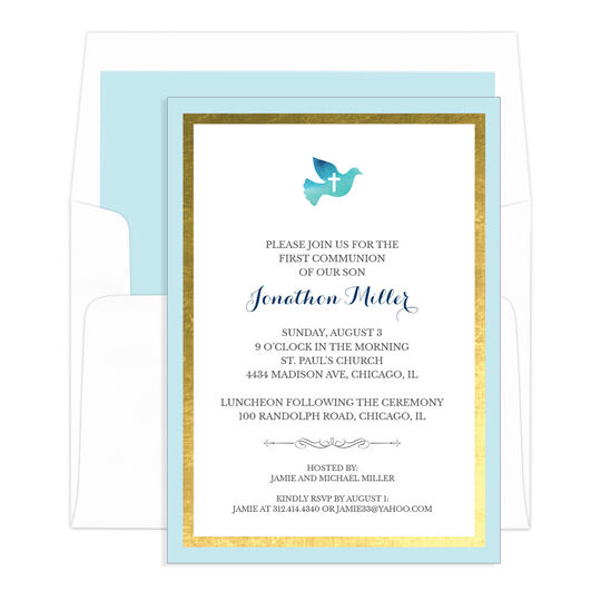 Blue Watercolor Dove with Cross Gold Frame Invitations